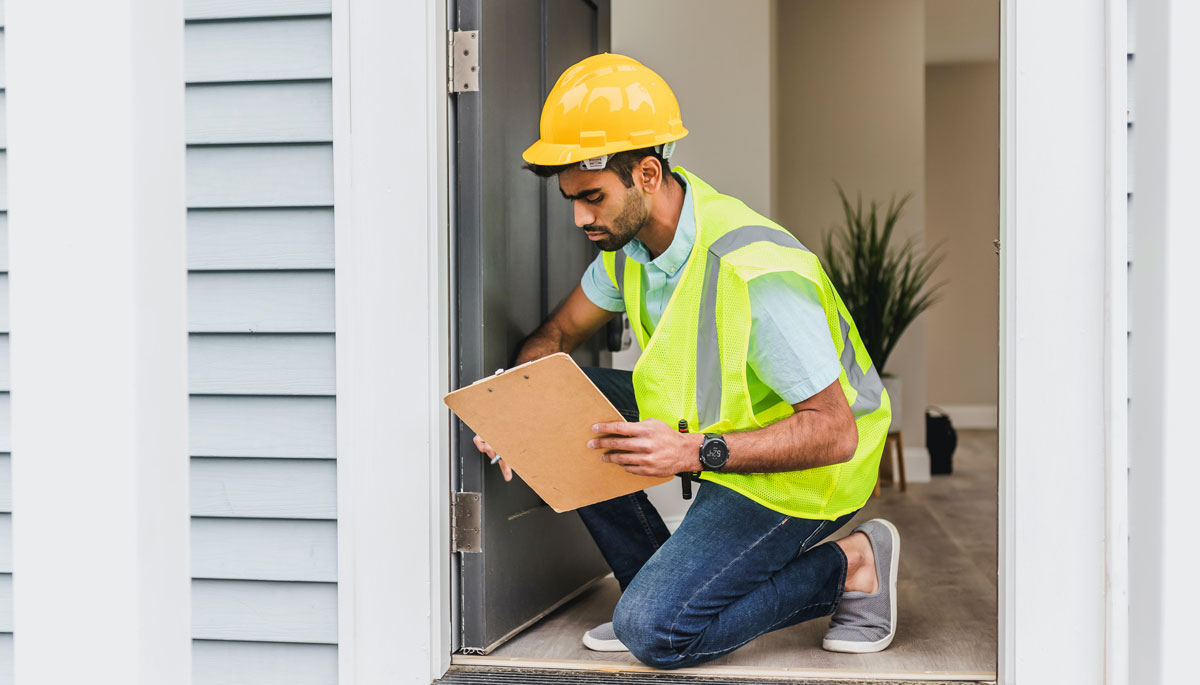 Man in Yellow Safety Reflective Vest with Hard Hat Doing House Inspection