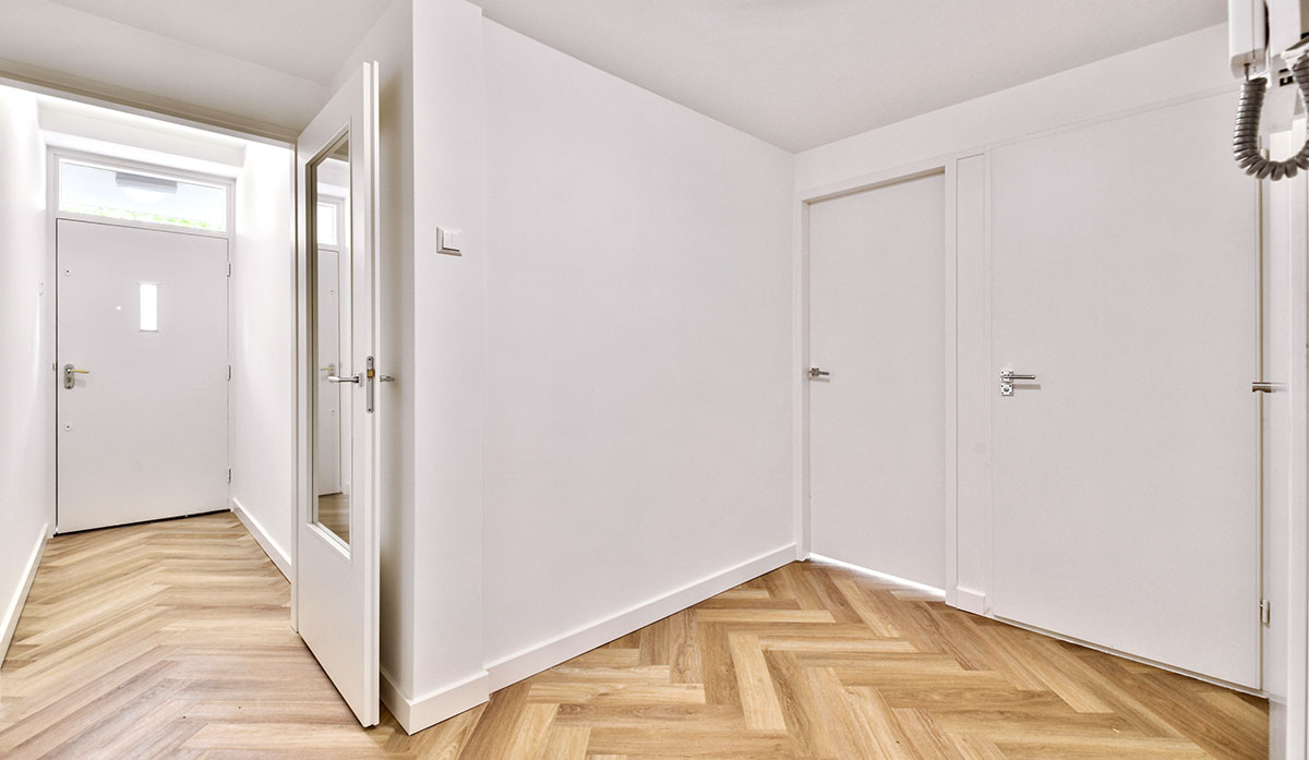 Empty interior area with white walls and laminate flooring