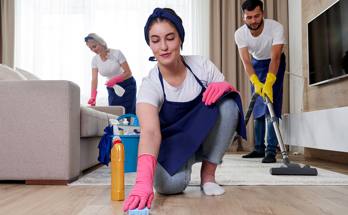 Professional cleaning service team cleans living room in modern apartment