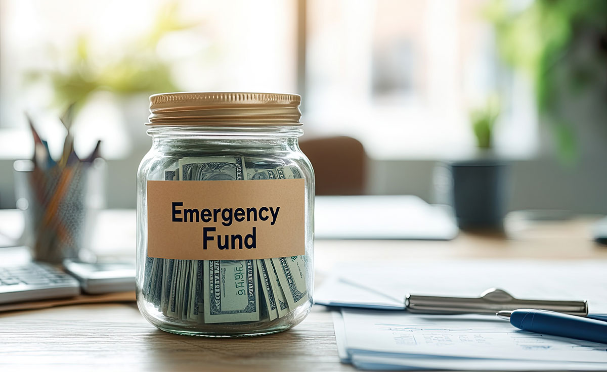 A glass jar labeled Emergency Fund filled with cash symbolizing financial savings