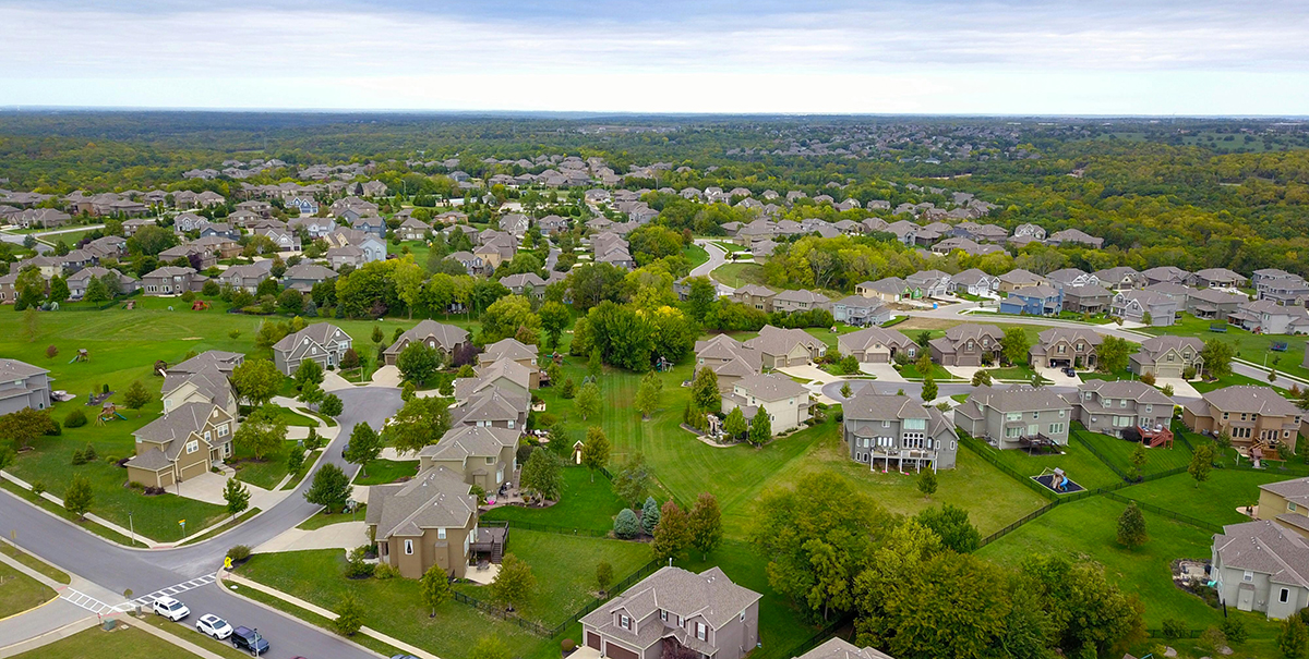 High-angle shot of suburban houses and streets