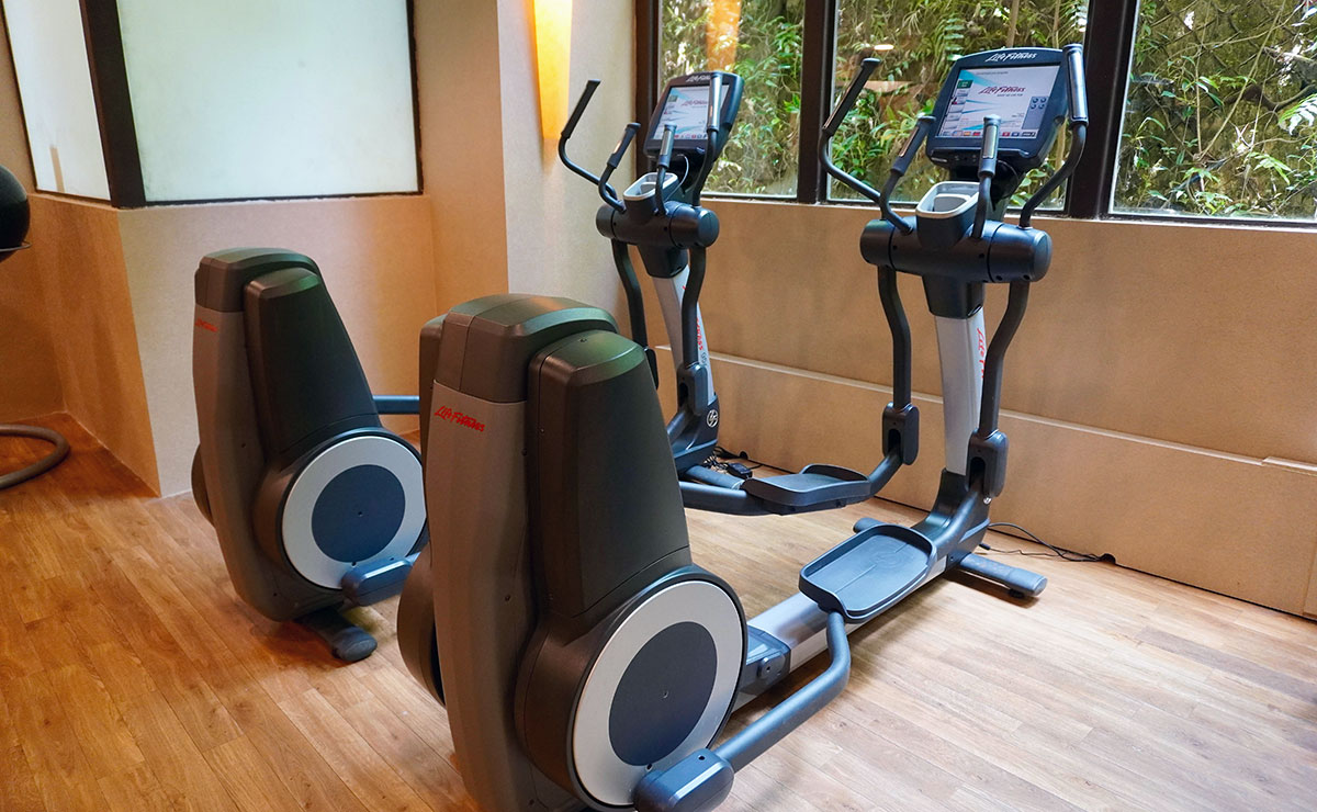 Two elliptical trainers in a home gym.